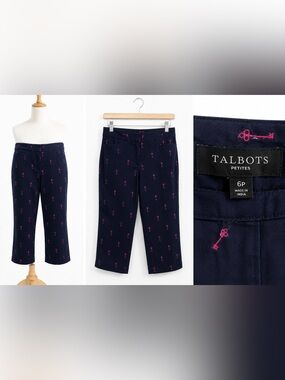 Talbots Petites Navy Embroidered Key Crop Pants Size 6P